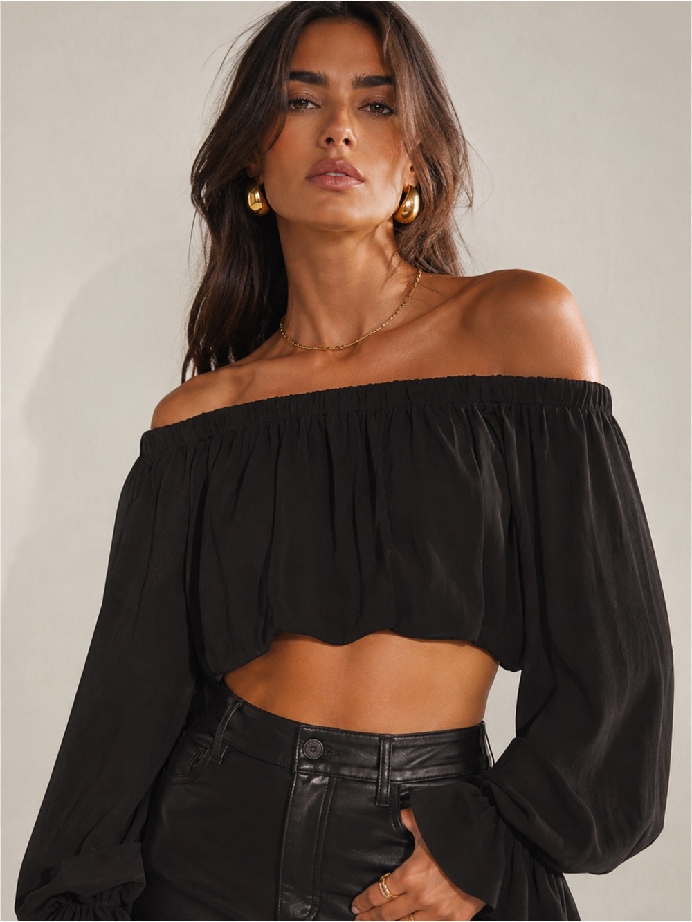 Chrissy Teigen x REVOLVE Wat Phra Top OS Black Off-Shoulder Crop Balloon Sleeve - Picture 12 of 12
